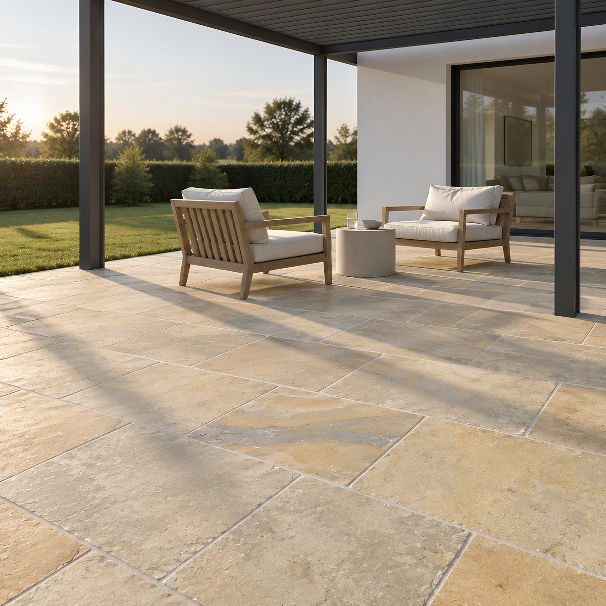 Dalay Buff Riven Outdoor Limestone – Terrasse mit Pergola