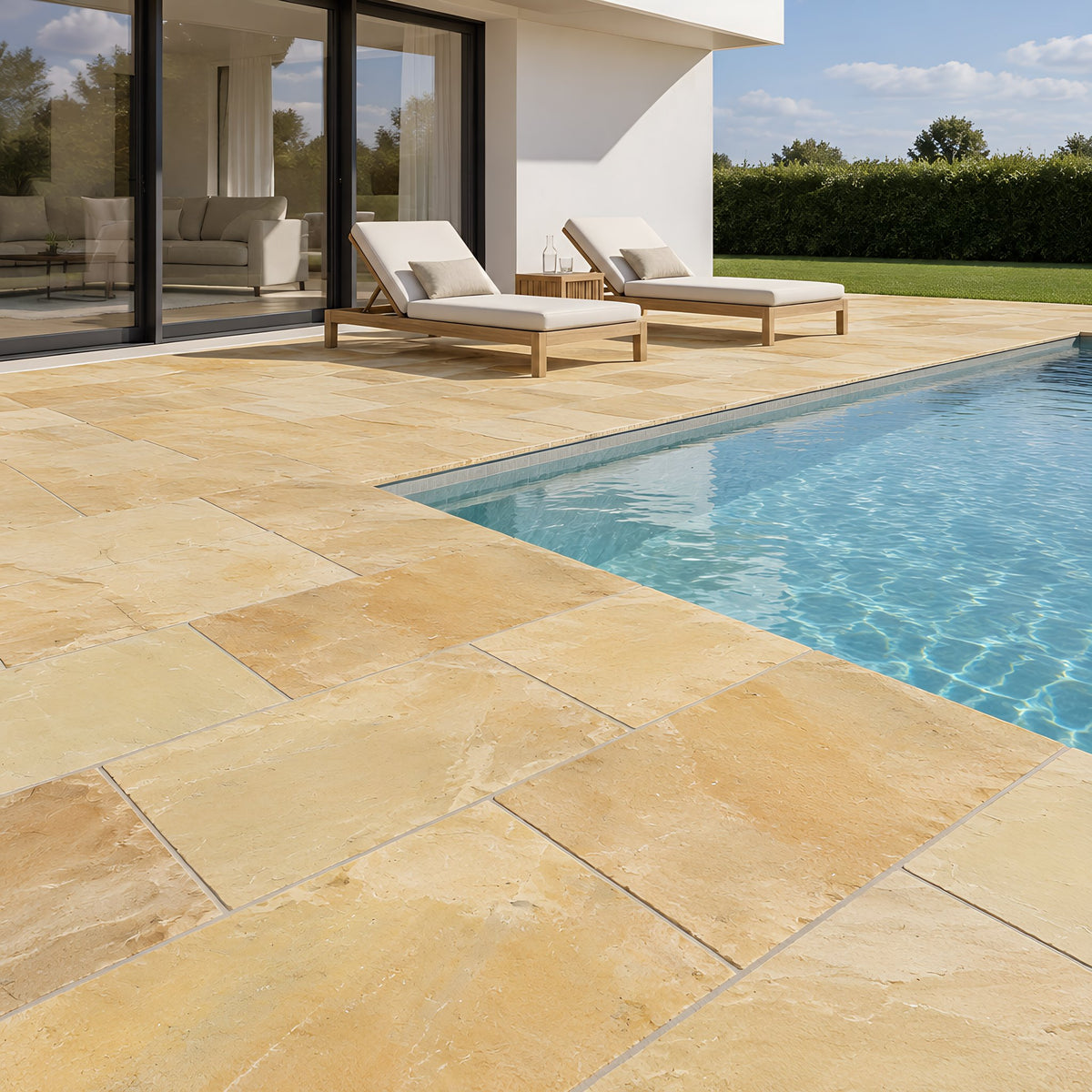 Gold Riven Outdoor Sandstone – Poolterrasse eines modernen Hauses
