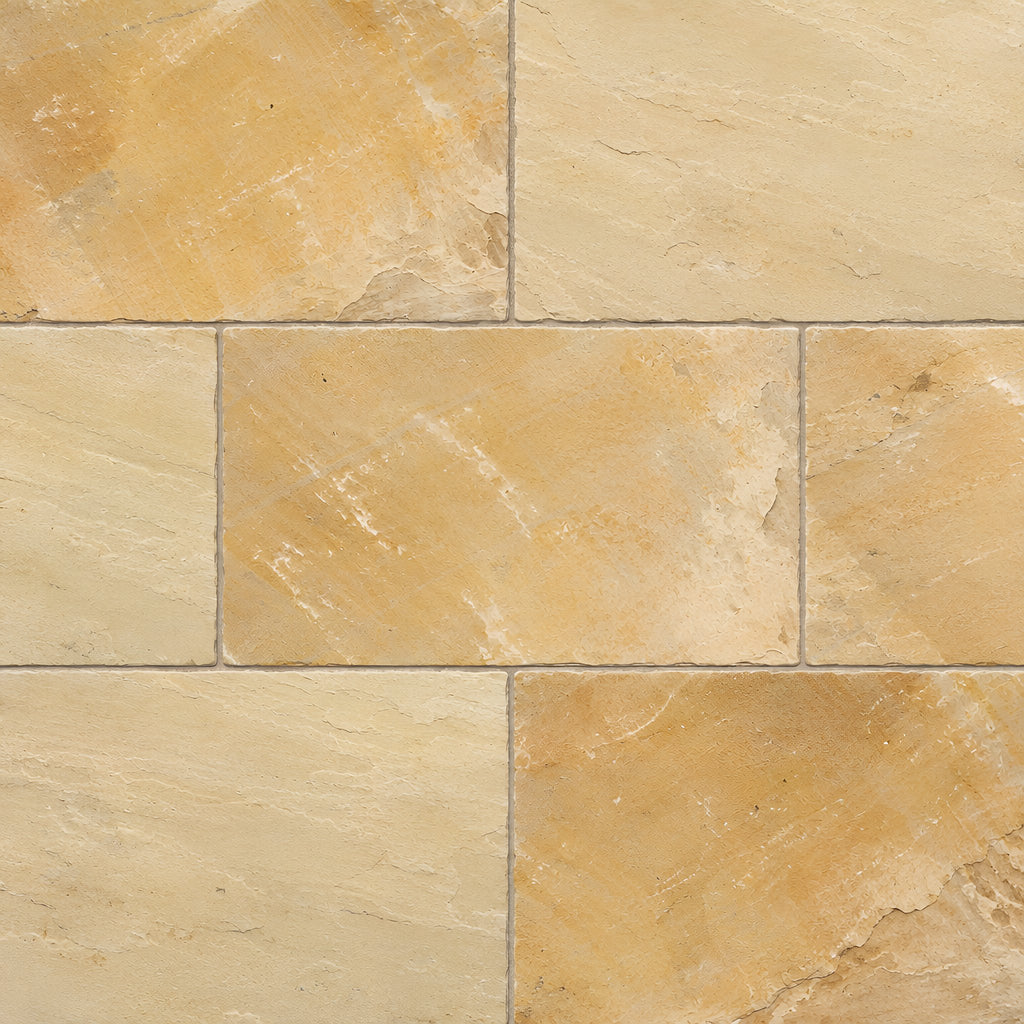 Gold Riven Outdoor Sandstone – Draufsicht auf Format, Verlegemuster und Fugen