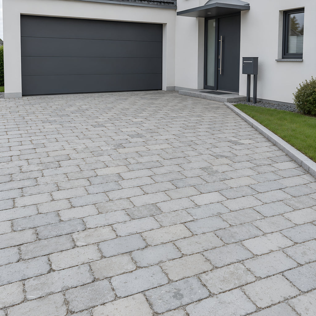 Taj Grey Tumbled Outdoor Limestone – Einfahrt eines Einfamilienhauses mit Garage