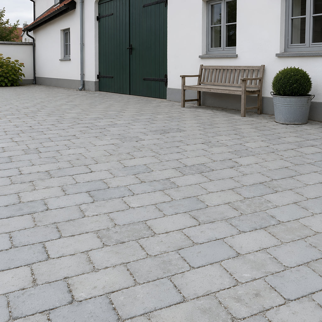 Taj Grey Tumbled Outdoor Limestone – Hof eines renovierten Bauernhauses