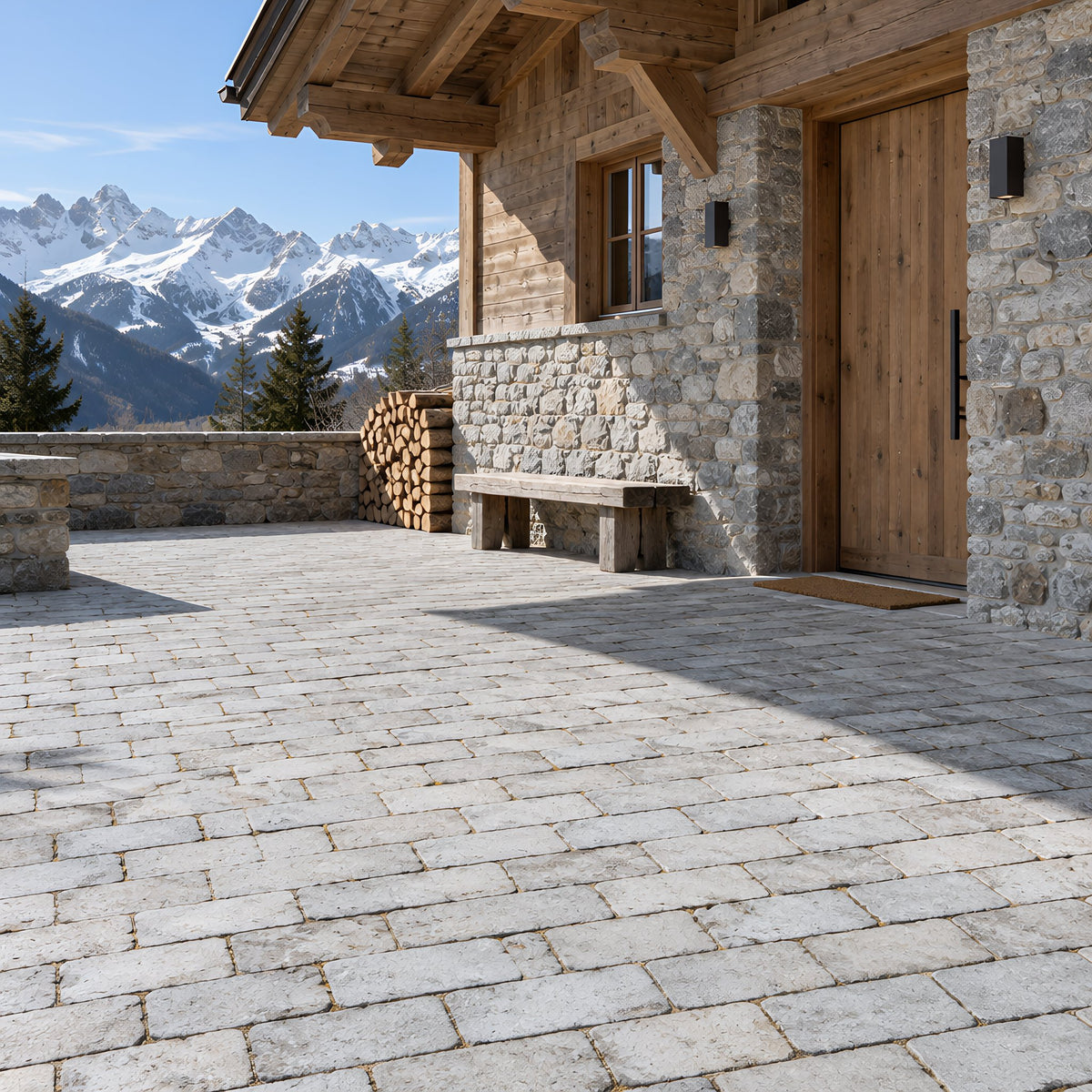 Taj Grey Tumbled Outdoor Limestone – Vorplatz eines Chalets