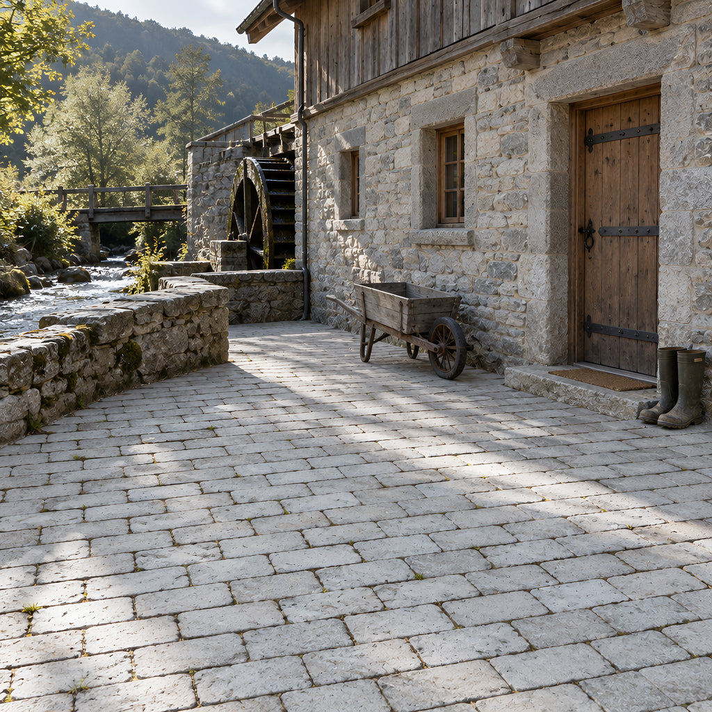 Taj Grey Tumbled Outdoor Limestone – Hof einer alten Mühle
